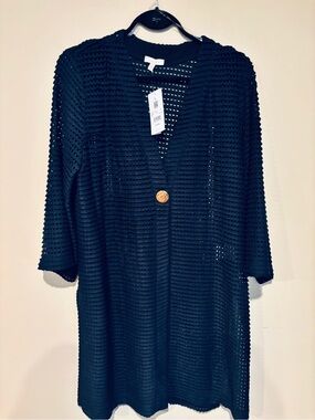 Laura Navy Open-Knit Long Cardigan with Gold Button